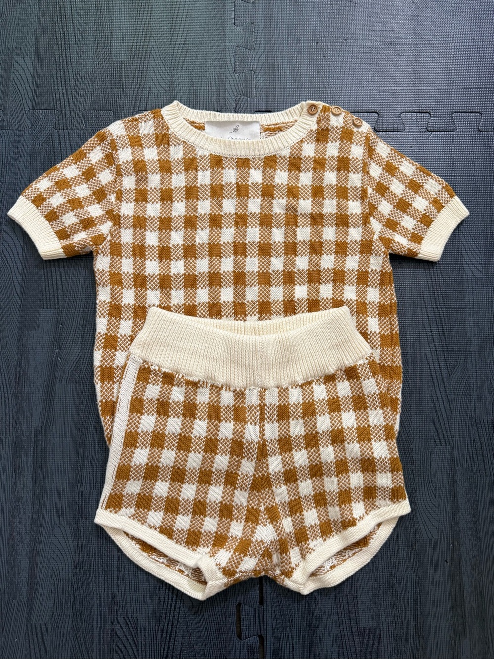 Bebe organic kids knit brown & white plaid set